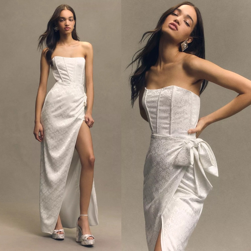 V. Chapman NEW Ivory June Corset Jacquard Front-Slit Sheath Gown Women's Size‎ 6